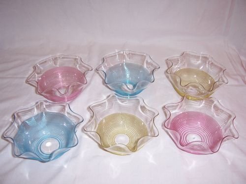 set of six victorian multi coloured trailed glass finger bowls