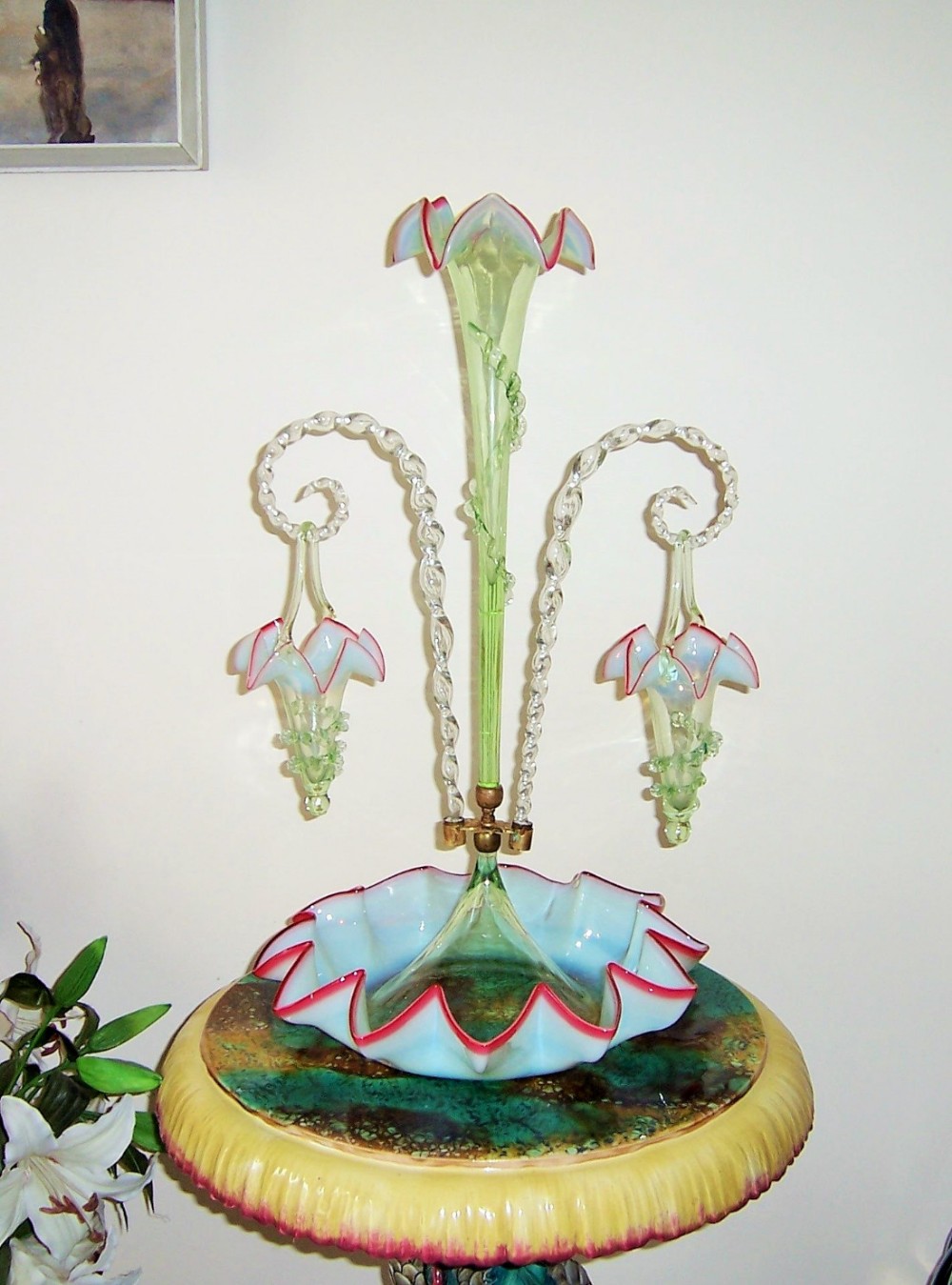 a gunuine victorian vaseline and cranberry glass epergne