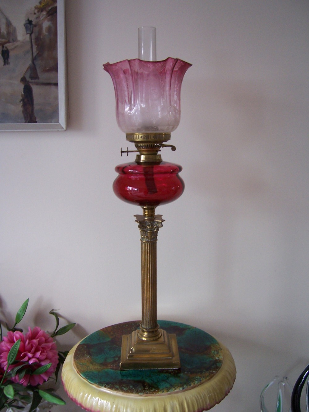 victorian cranberry glass oil lamp and shade