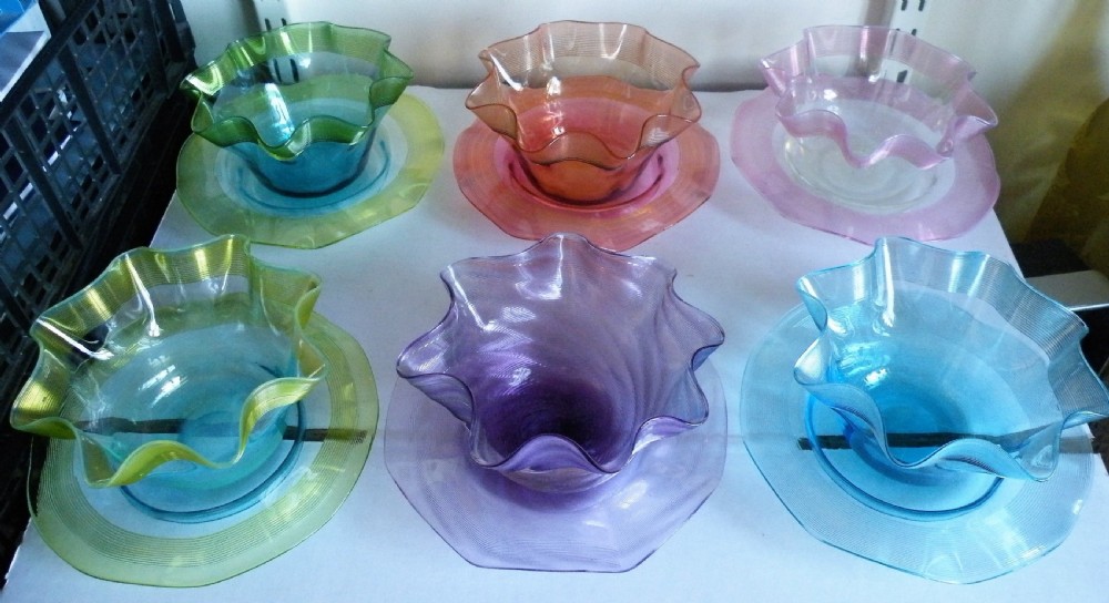 six victorian threaded coloured glass bowls and stands