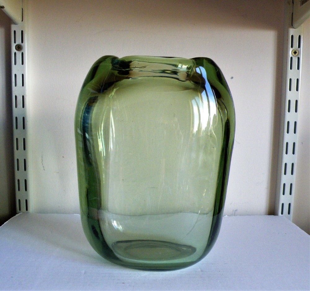 an art deco whitefriars sea green glass vase designed by tom hill