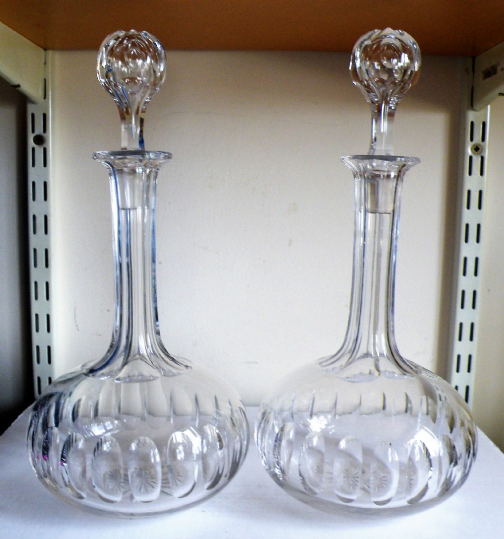 a fine pair of victorian shaft and globe decanters