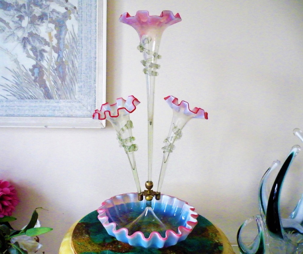 a pretty victorian vaseline cranberry opal glass epergne