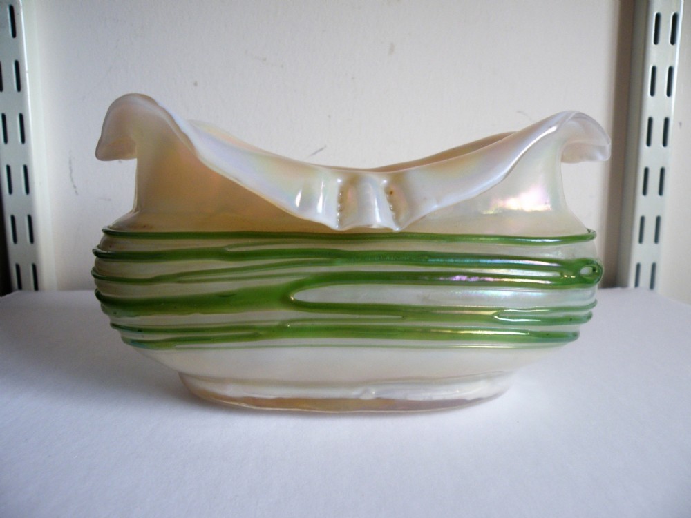 an art nouveau glass vase bowl opal body with green trailing loetz