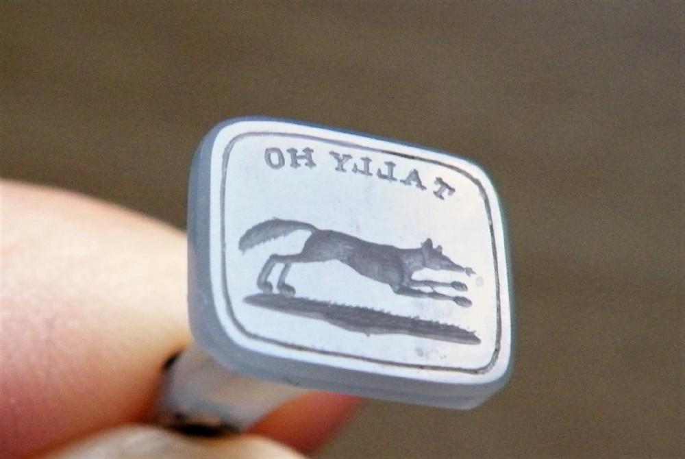 a 19th century gold mounted agate seal engraved tally ho with running fox