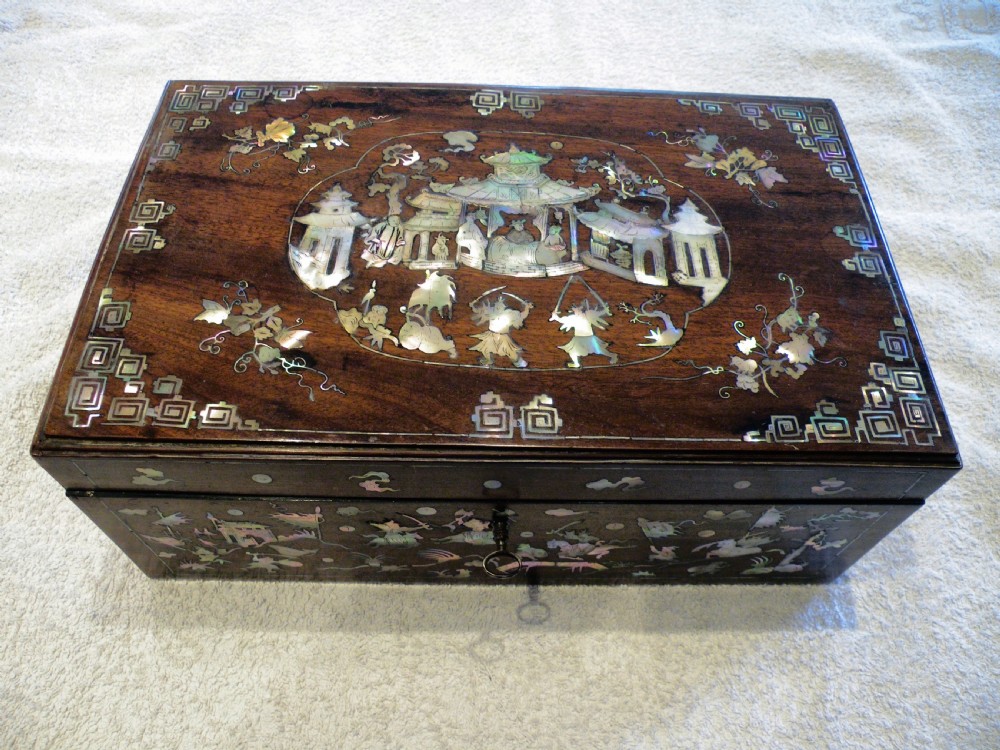 a good chinese influence 19th century wood jewellery box inlaid with abalone and mopshell