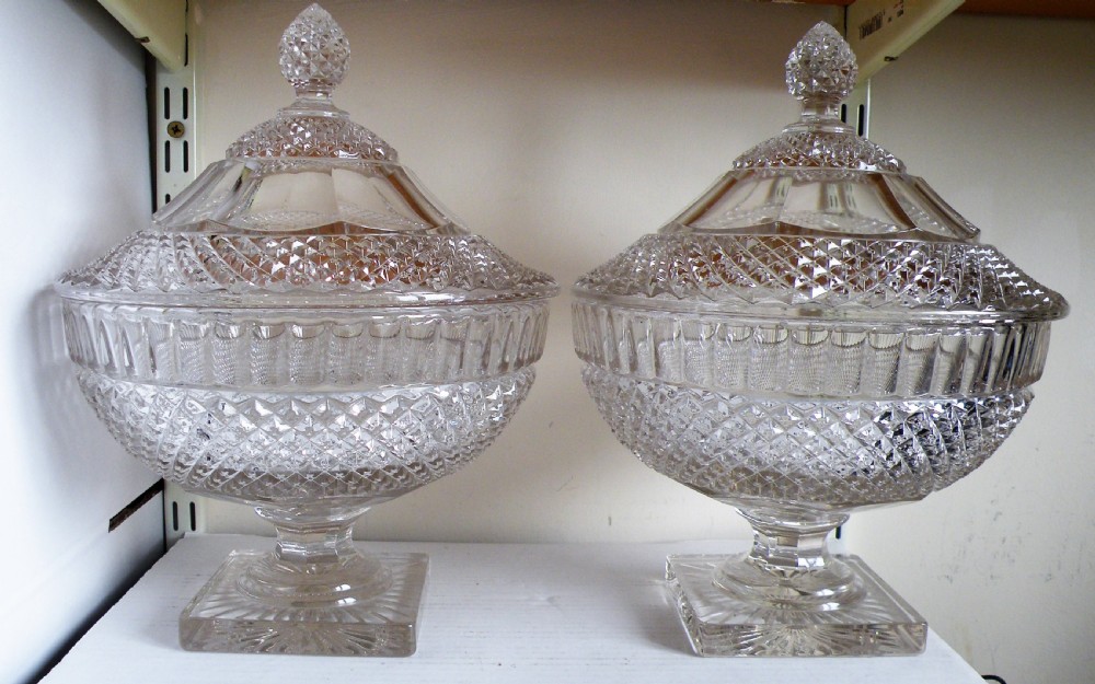 an outstanding pair of 19th century irish cut glass covered bowls