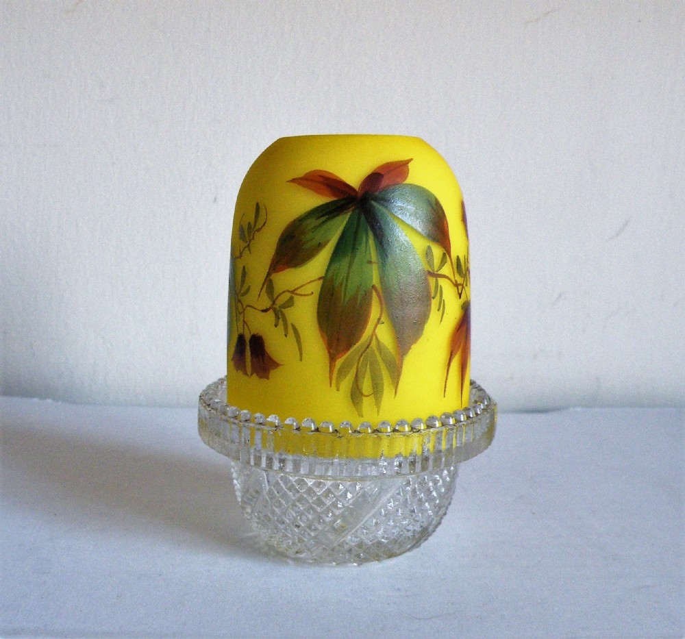 a rare victorian citron ground decorated glass night light enamelled flowers