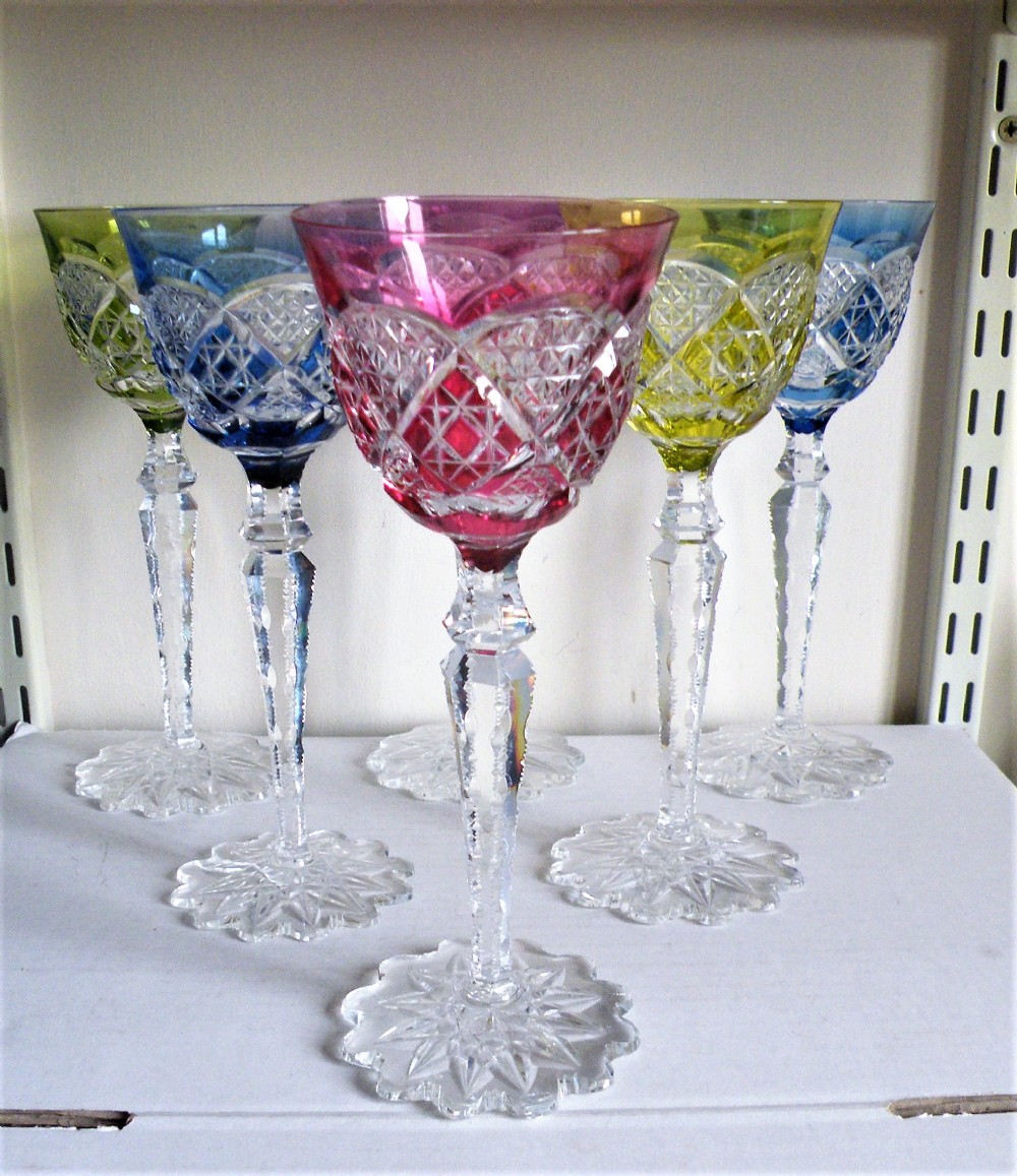 a wonderfull set of six tall hock wine glasses by the famous val st lambert glassworks of belgium