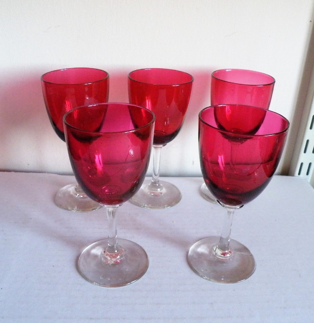 five victorian cranberry glass wine glasses handmade