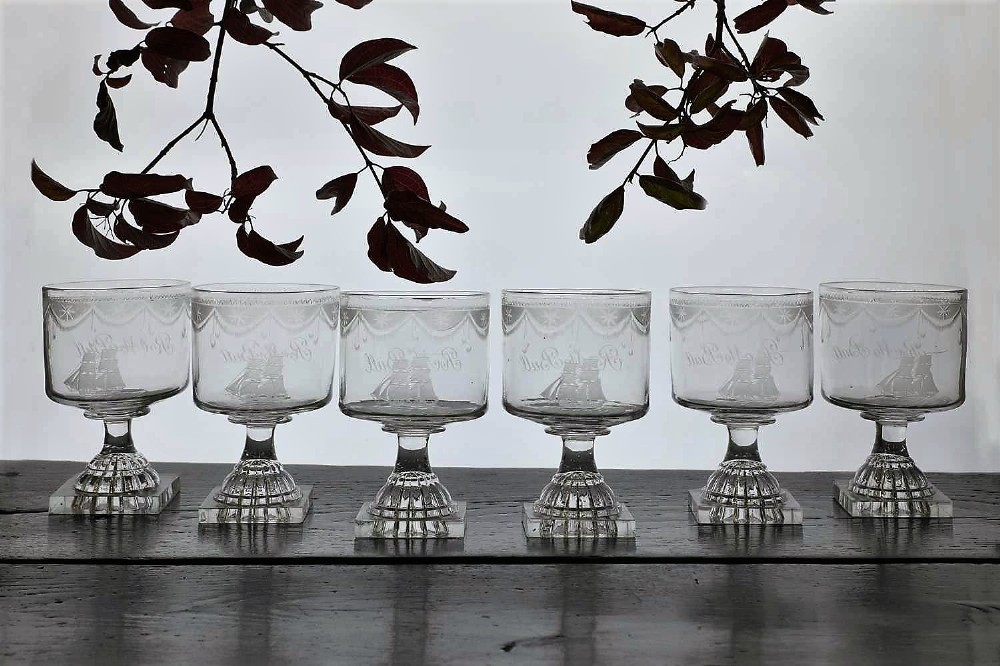 a rare set of six 18th century shipping rummersgoblets with lemon squeezer bases circa 1790