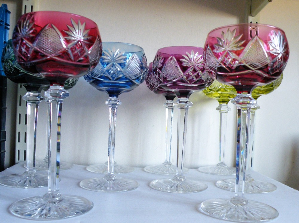 a fine set of ten val st lambert tall hock wine glasses