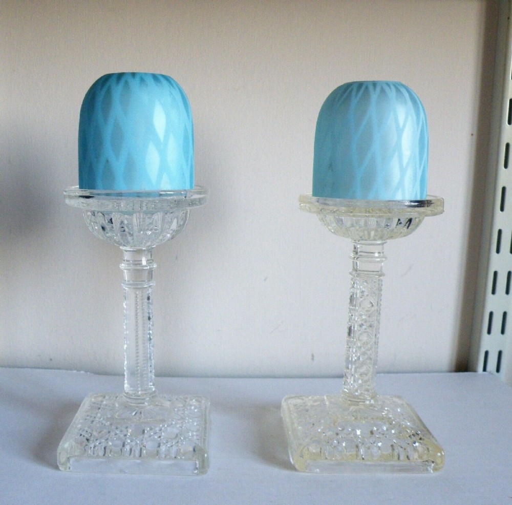 a pair of victorian blue quilted satin glass fairy lamps night lights on stands