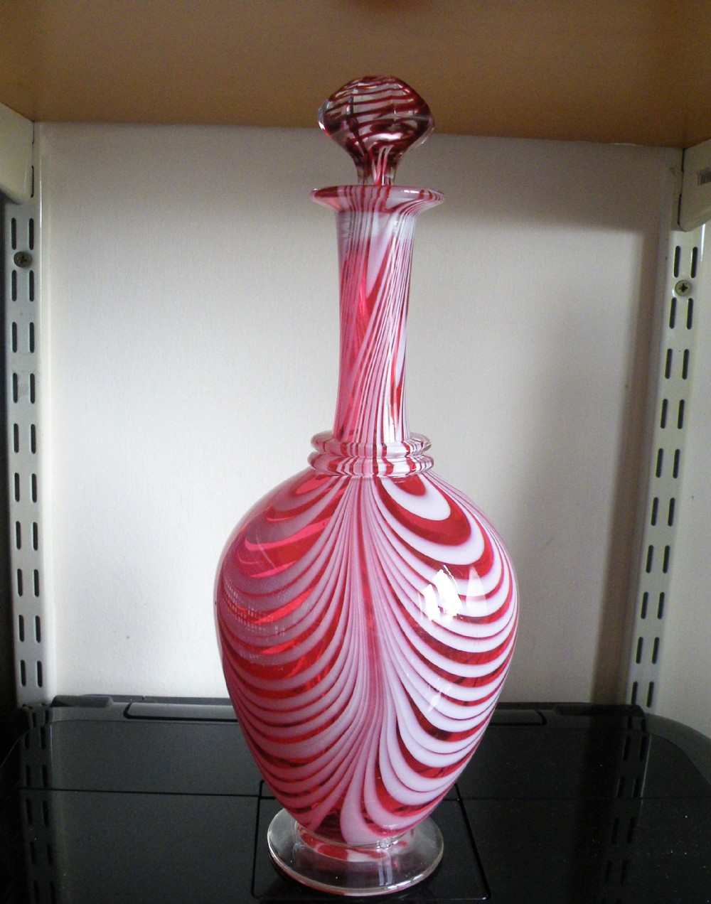 a rare large 19th century cranberry glass decanter with white pull up decoration decanter