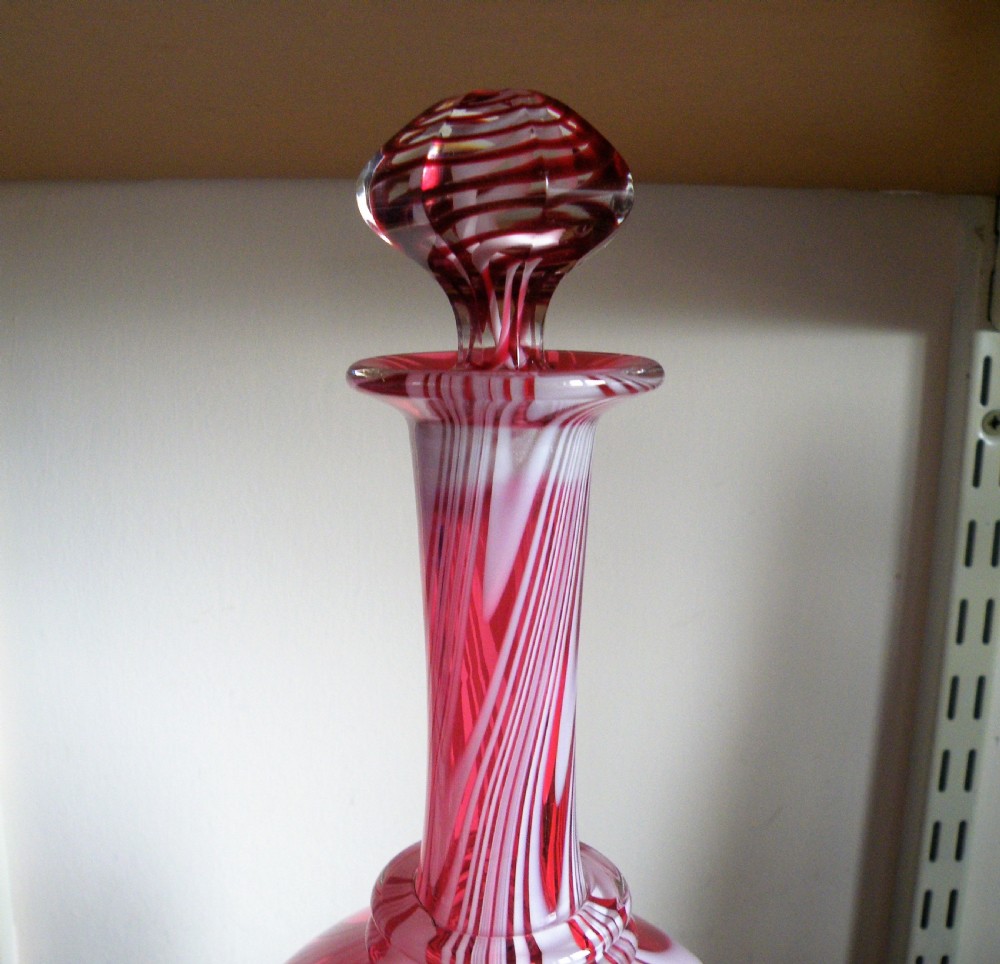 A Rare Large 19th Century Cranberry Glass Decanter With White Pull Up 