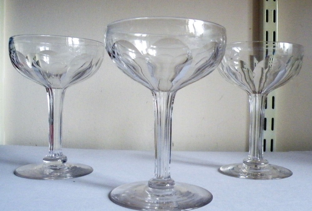 three hand made antique victorian hollow stem champagne glasses coupes