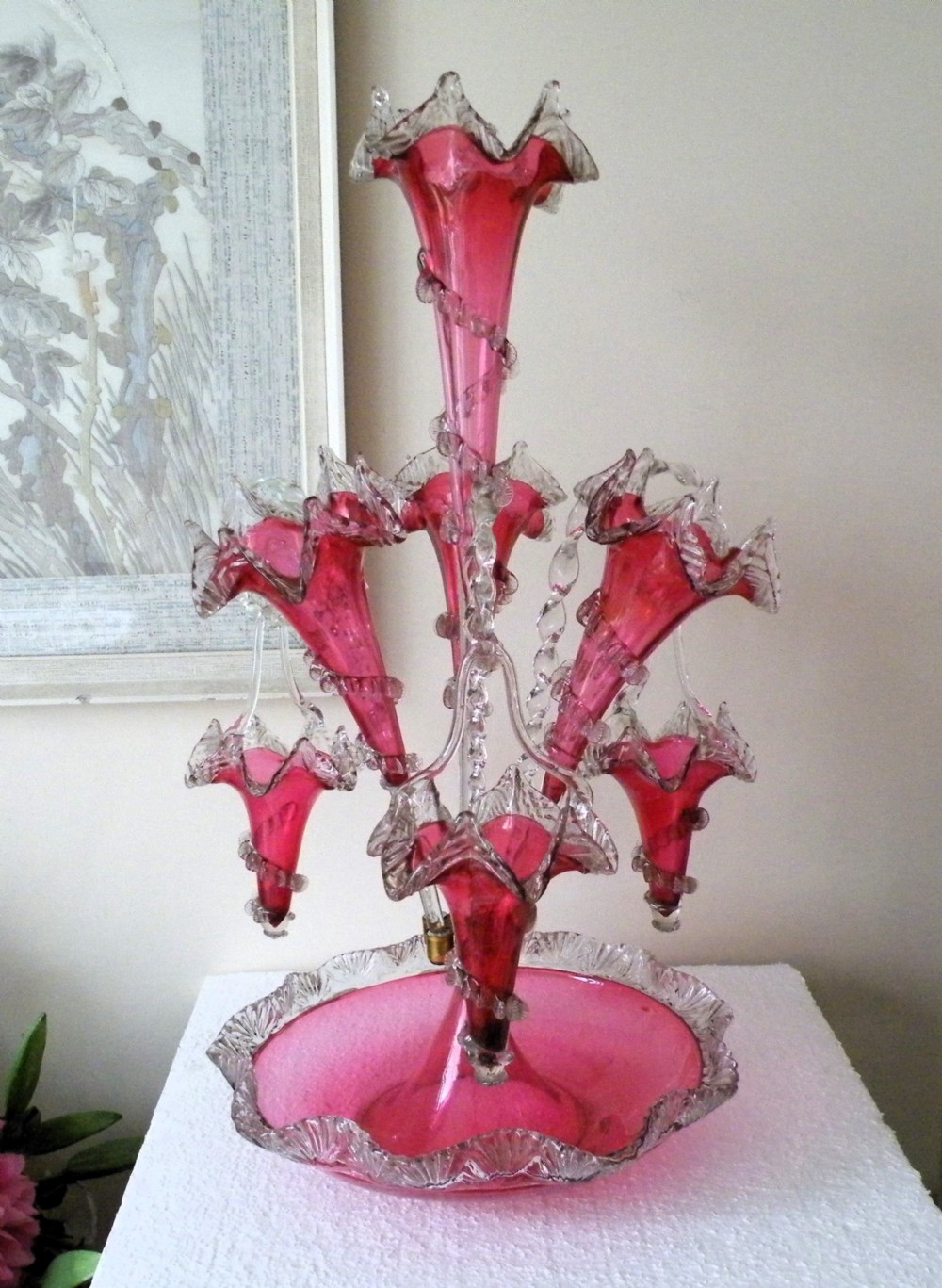 a superb genuine victorian cranberry glass epergne with hanging baskets
