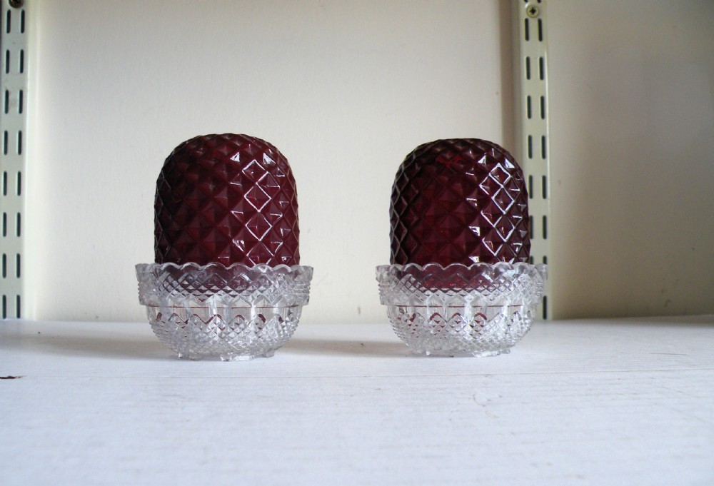 a pair of victorian dusky red diamond moulded glass nightlights pyramid size