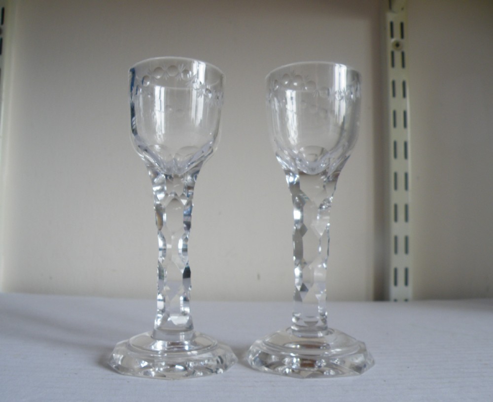 a pair of georgian engraved bowl hidden jacobite meaning cordial glasses