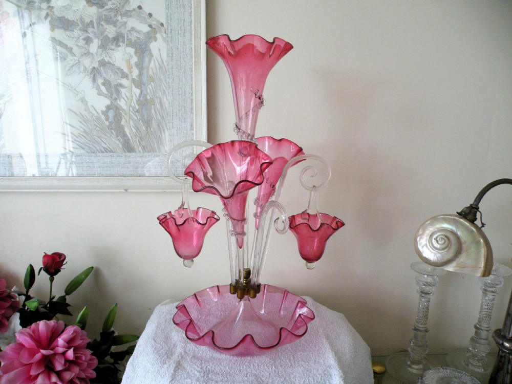 a large genuine victorian cranberry glass epergne with baskets