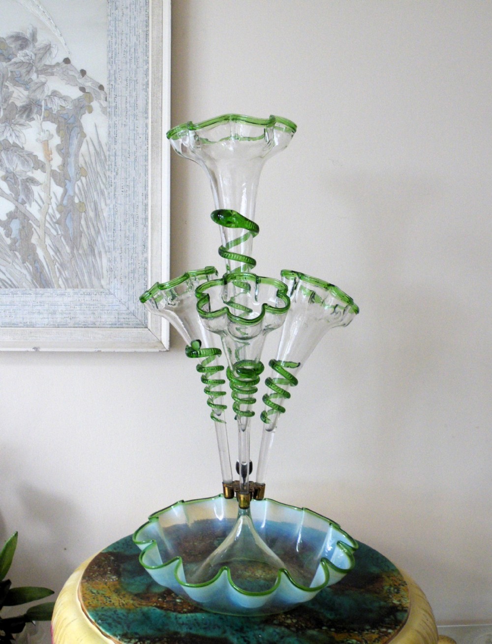 an unusual victorian vaseline glass epergne