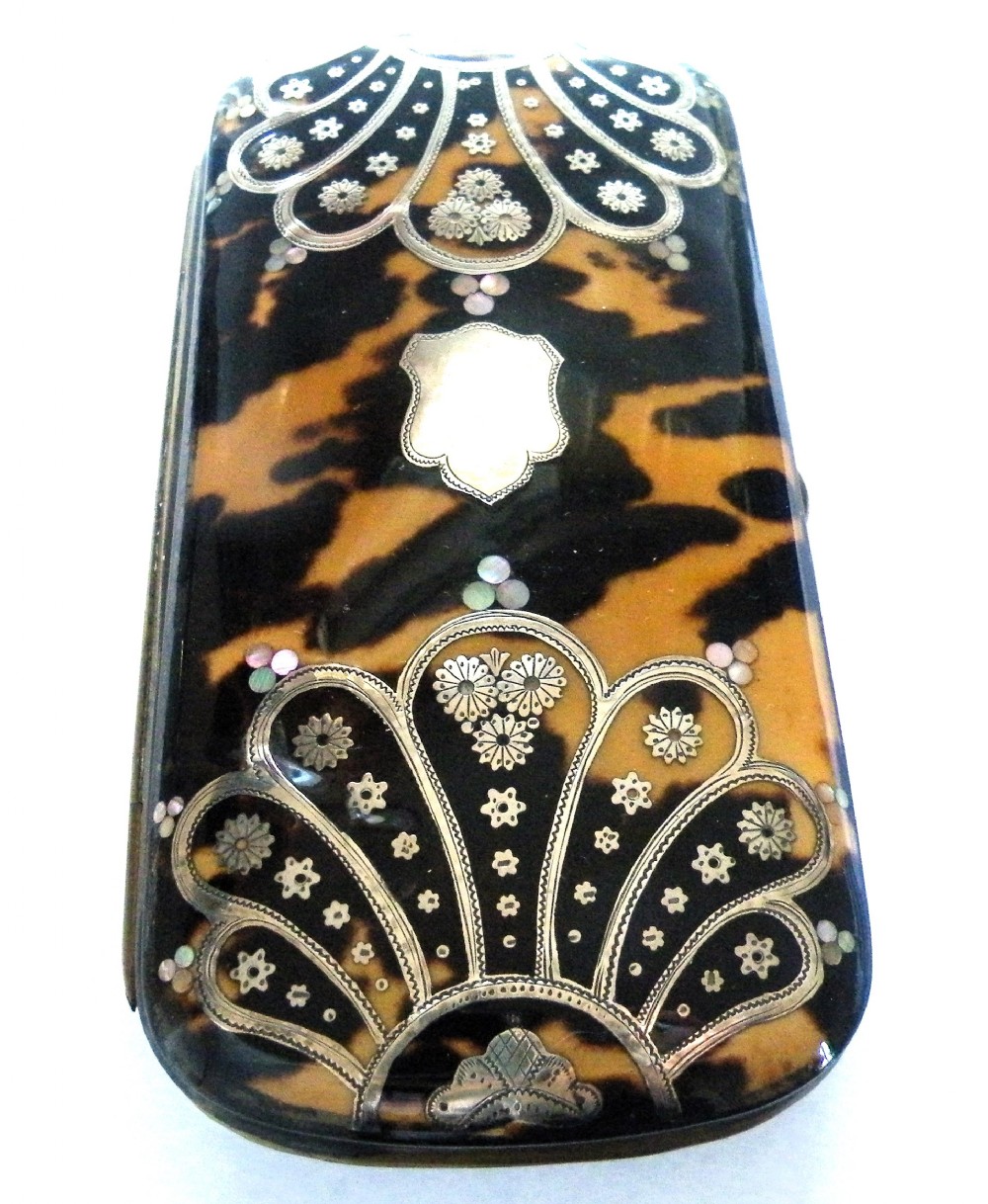 a large very good 19th century silver inlaid tortoiseshell cigar or glasses case