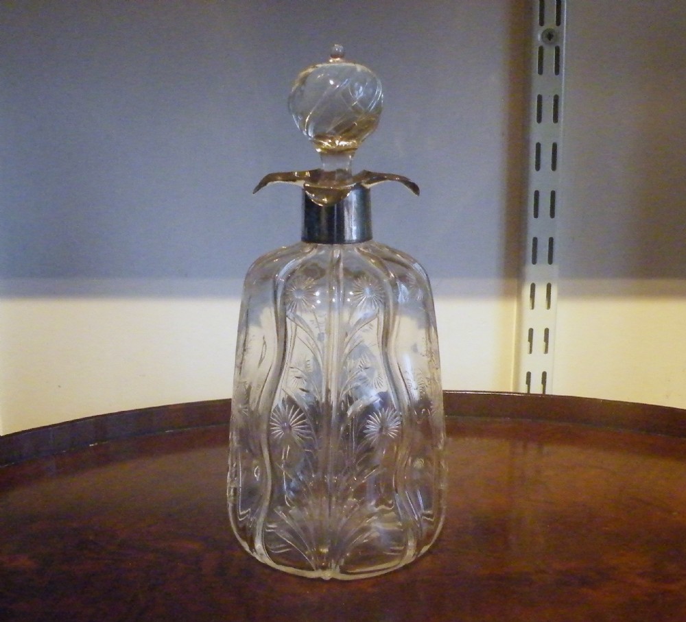 a lovely victorian art nouveau engraved glass silver top decanter 1896