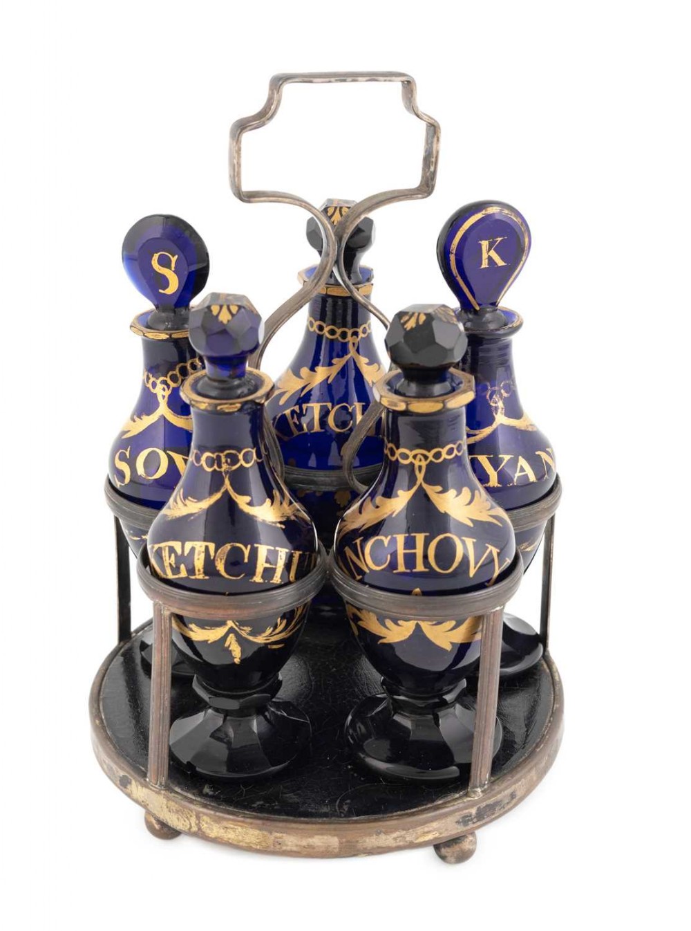 a rare 18th century five bottle sauce tantalus