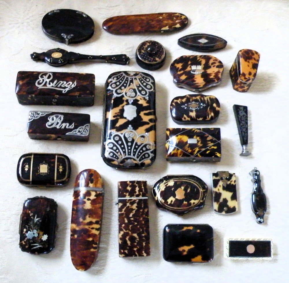 a wonderful collection of 22 antique 18th and 19th century tortoiseshell boxes cases etc